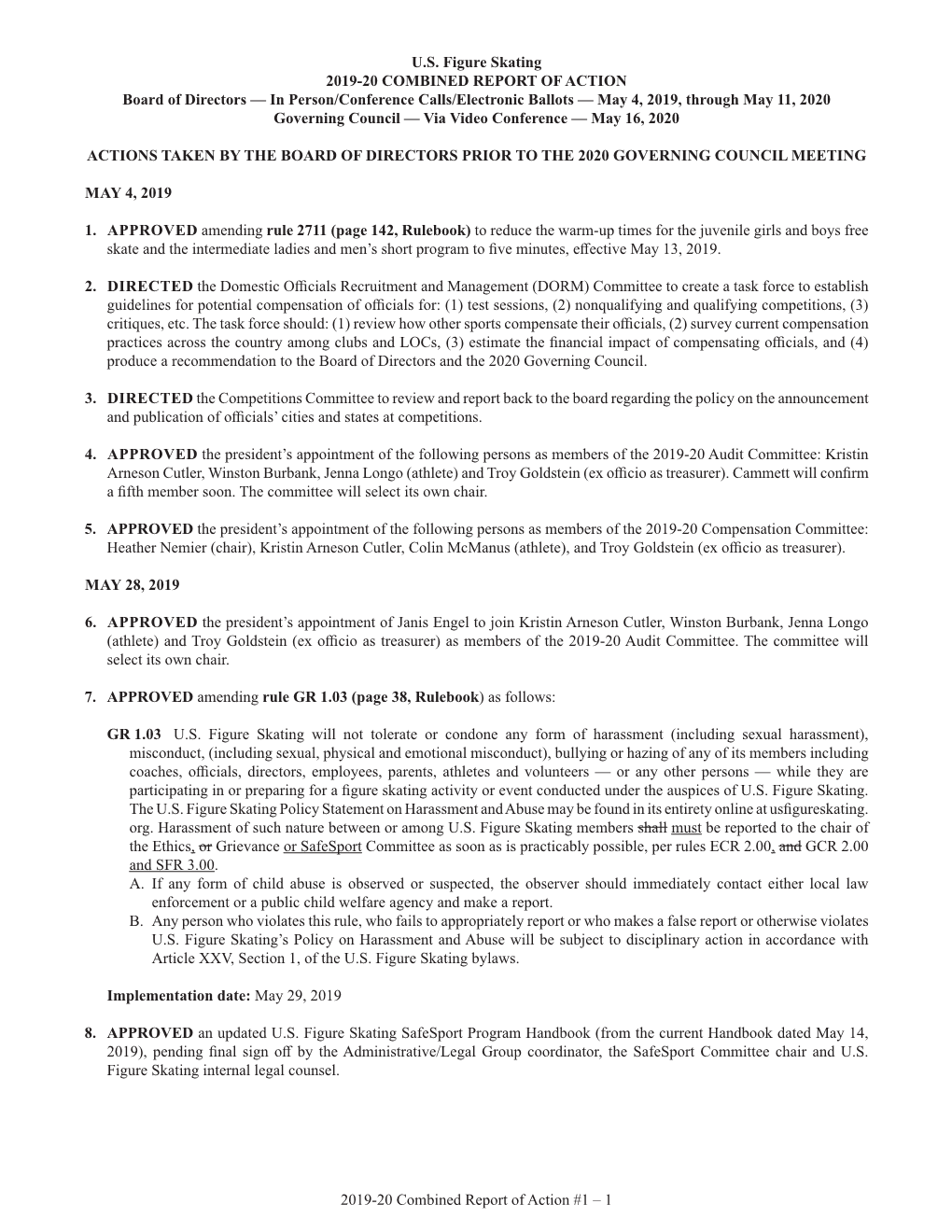 2019-20 Combined Report of Action #1 – 1 U.S. Figure Skating 2019-20 COMBINED REPORT of ACTION Board of Directors — in Perso