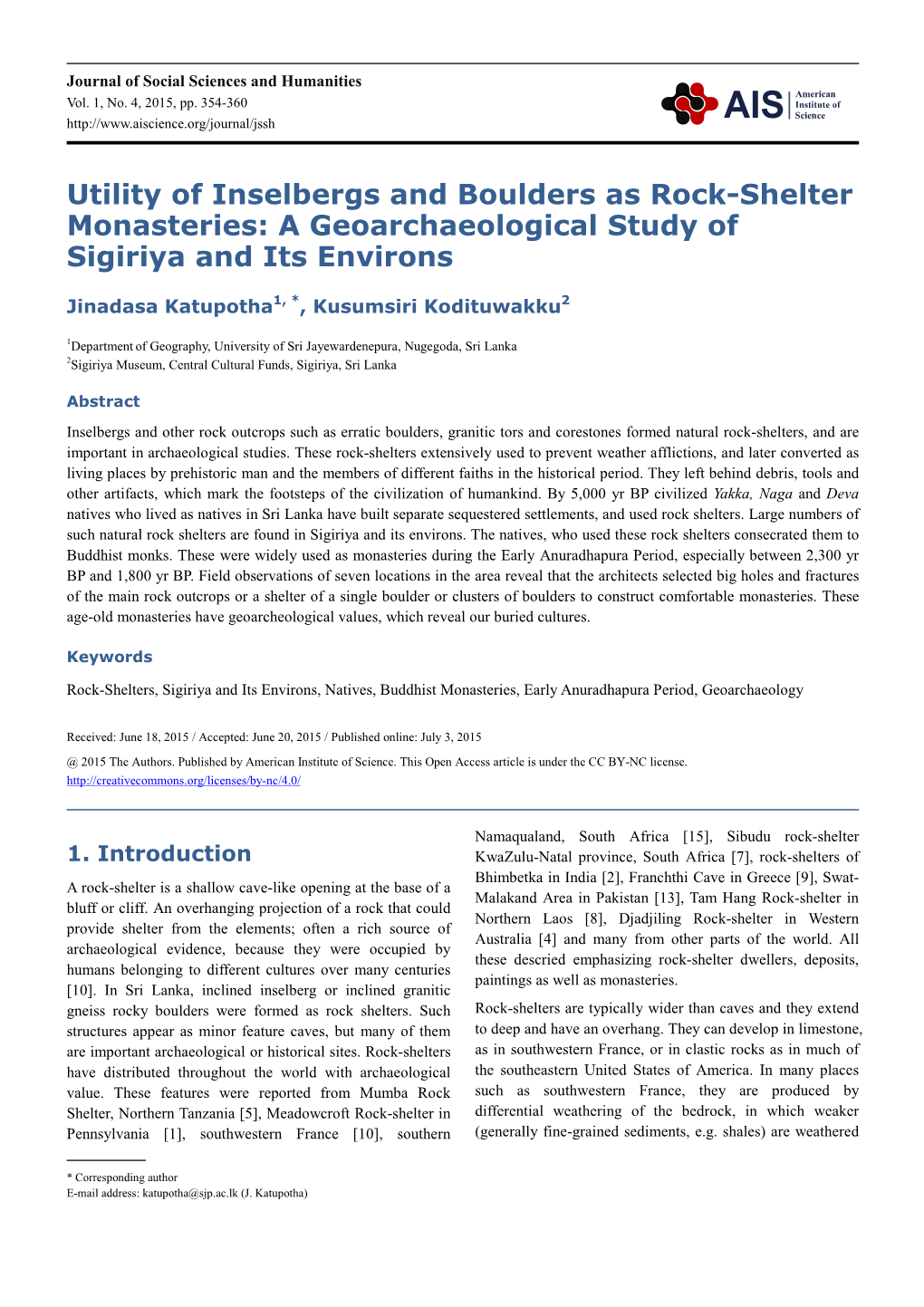 Utility of Inselbergs and Boulders As Rock-Shelter Monasteries: a Geoarchaeological Study of Sigiriya and Its Environs