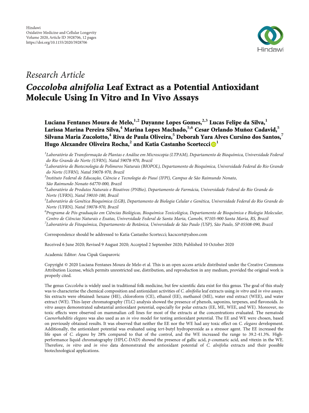 Coccoloba Alnifolia Leaf Extract As a Potential Antioxidant Molecule Using in Vitro and in Vivo Assays