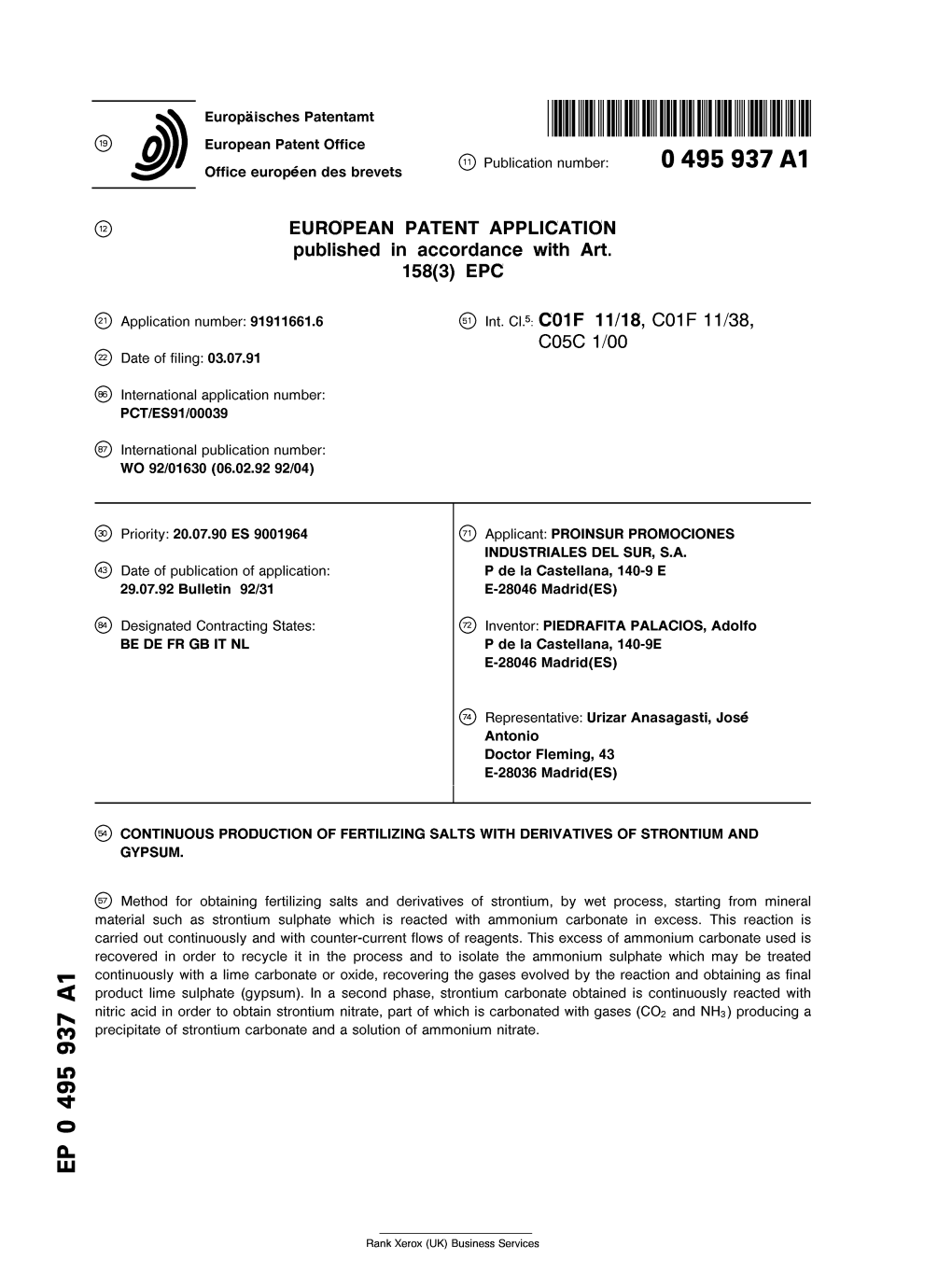 Continuous Production of Fertilizing Salts with Derivatives of Strontium and Gypsum