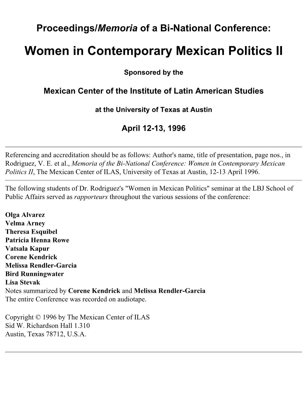 Women in Contemporary Mexican Politics II