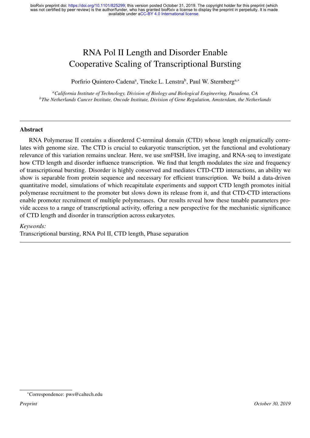 RNA Pol II Length and Disorder Enable Cooperative Scaling of Transcriptional Bursting