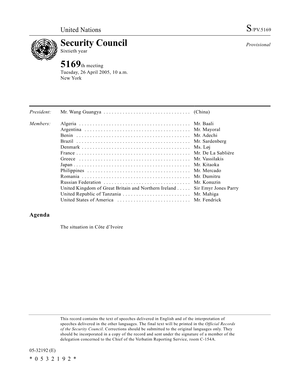 Security Council Provisional Sixtieth Year