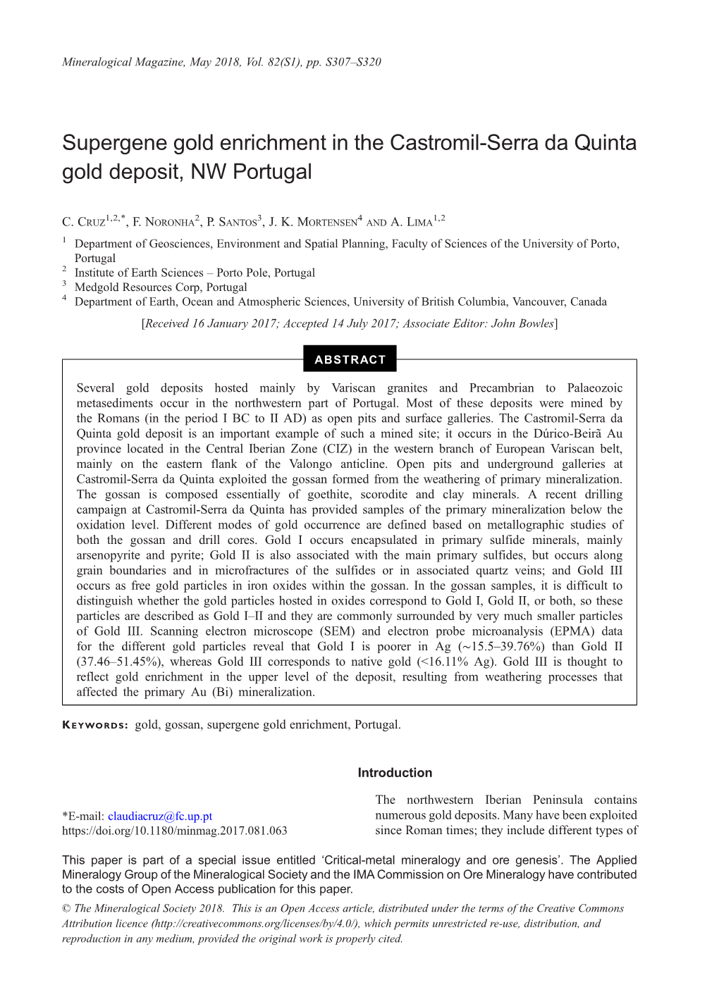 Supergene Gold Enrichment in the Castromil-Serra Da Quinta Gold Deposit, NW Portugal