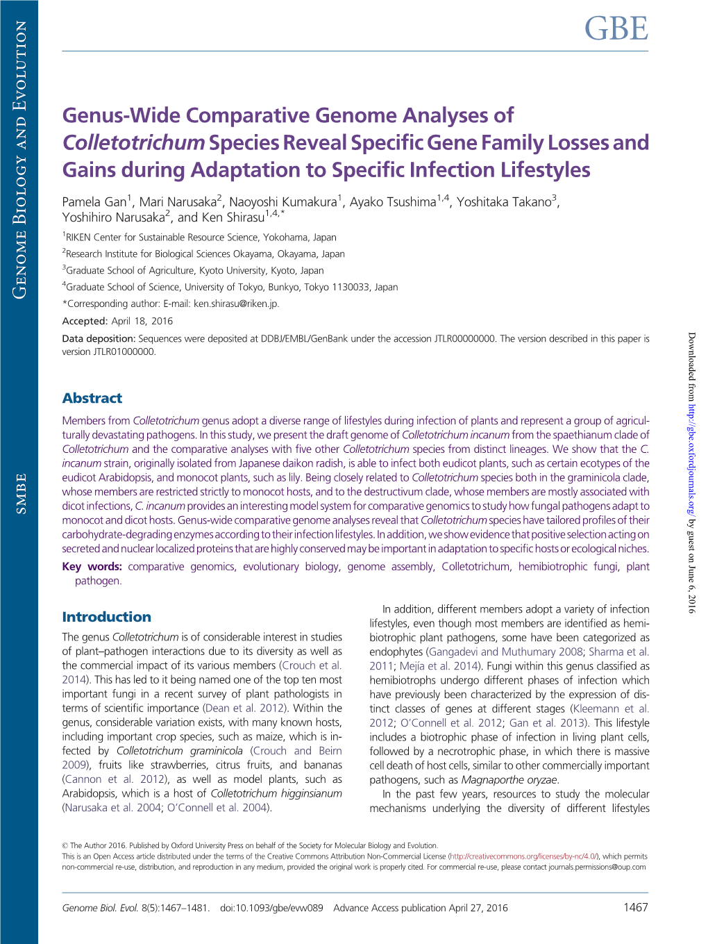 Genus-Wide Comparative Genome Analyses of Colletotrichum Species Reveal Specific Gene Family Losses and Gains During Adaptation to Specific Infection Lifestyles