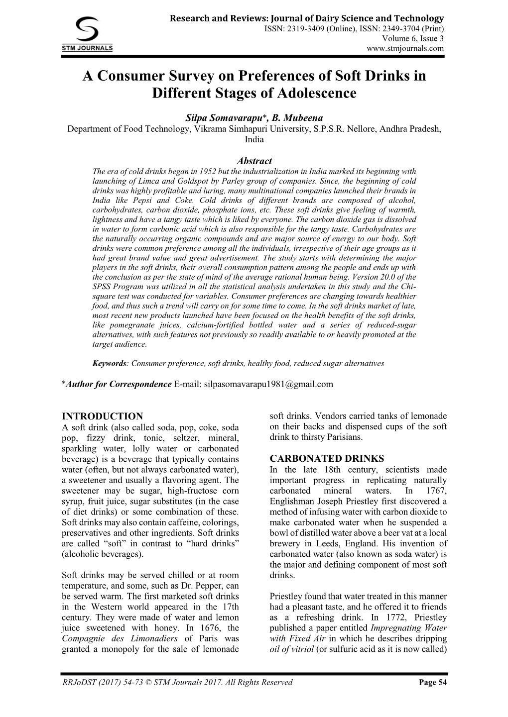 A Consumer Survey on Preferences of Soft Drinks in Different Stages of Adolescence