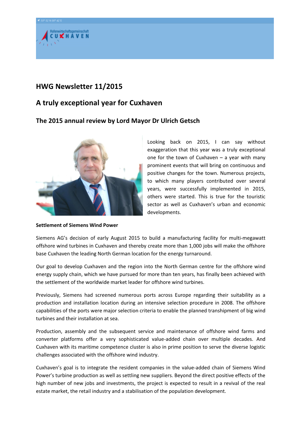 HWG Newsletter 11/2015 a Truly Exceptional Year for Cuxhaven