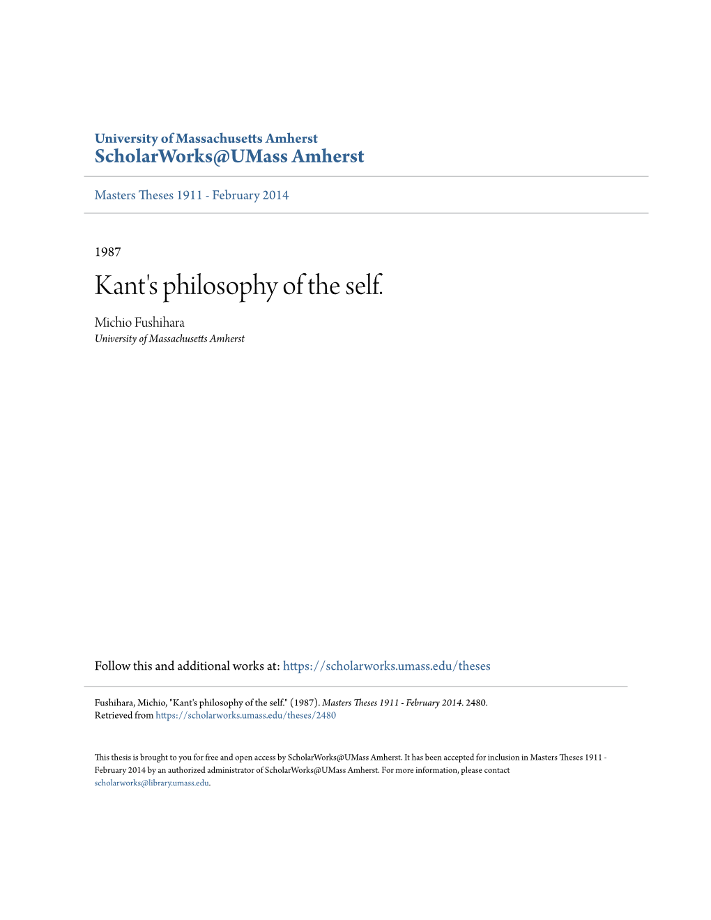 Kant's Philosophy of the Self. Michio Fushihara University of Massachusetts Amherst