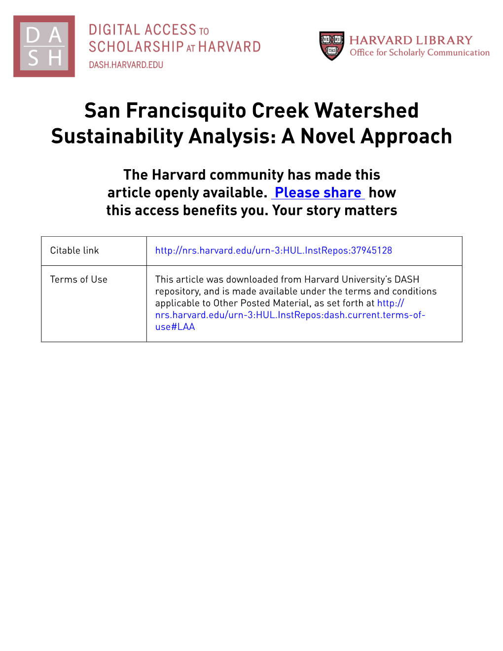 San Francisquito Creek Watershed Sustainability Analysis: a Novel Approach