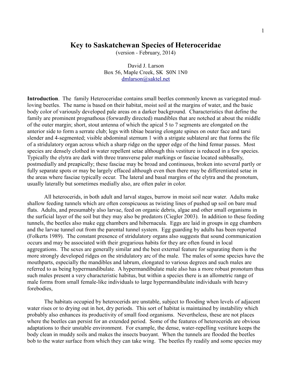 Key to Saskatchewan Species of Heteroceridae (Version - February, 2014)