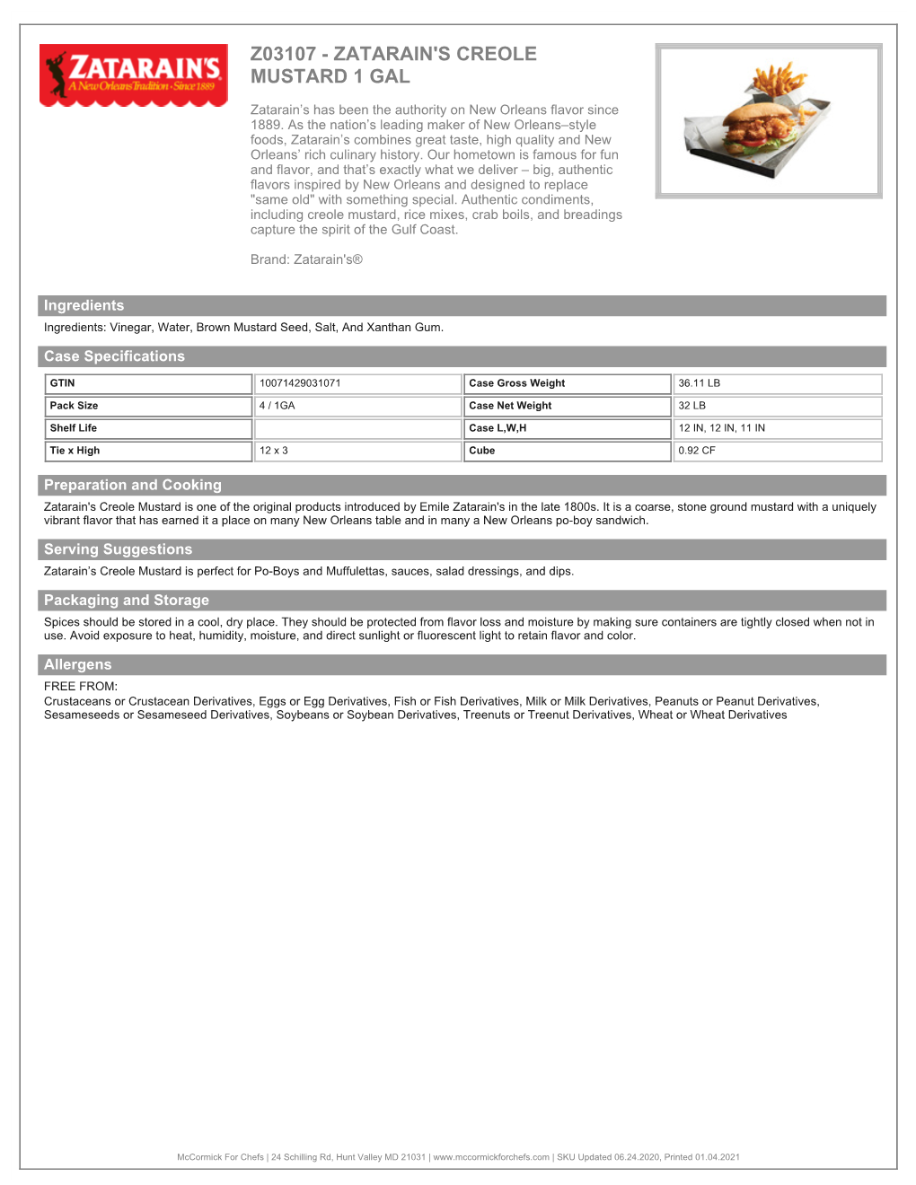 Zatarain's Creole Mustard 1 Gal