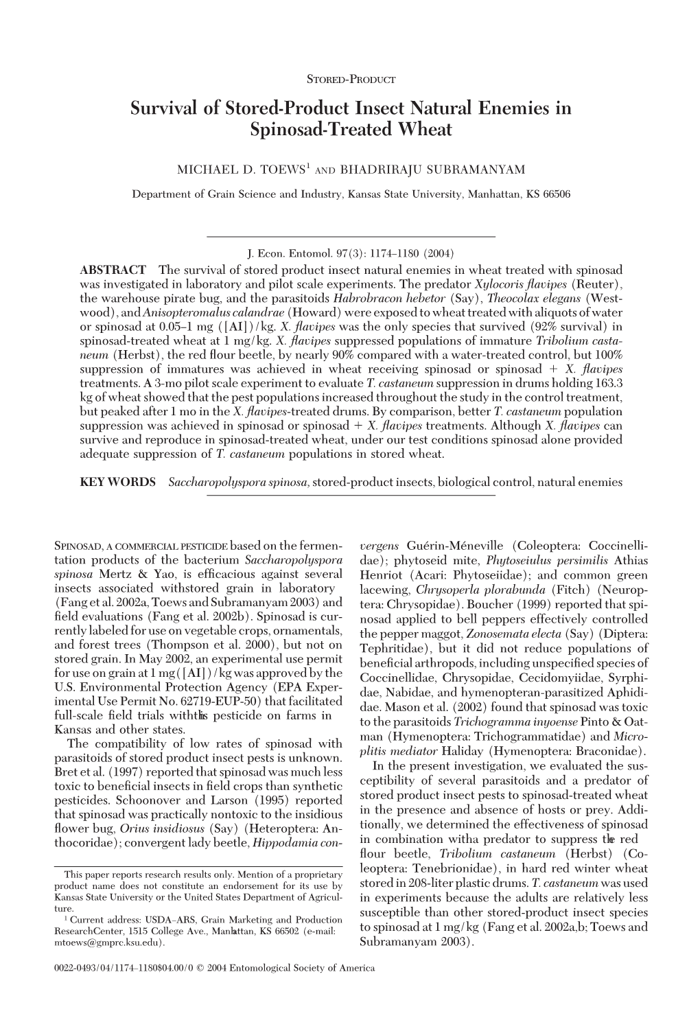 Survival of Stored-Product Insect Natural Enemies in Spinosad-Treated Wheat