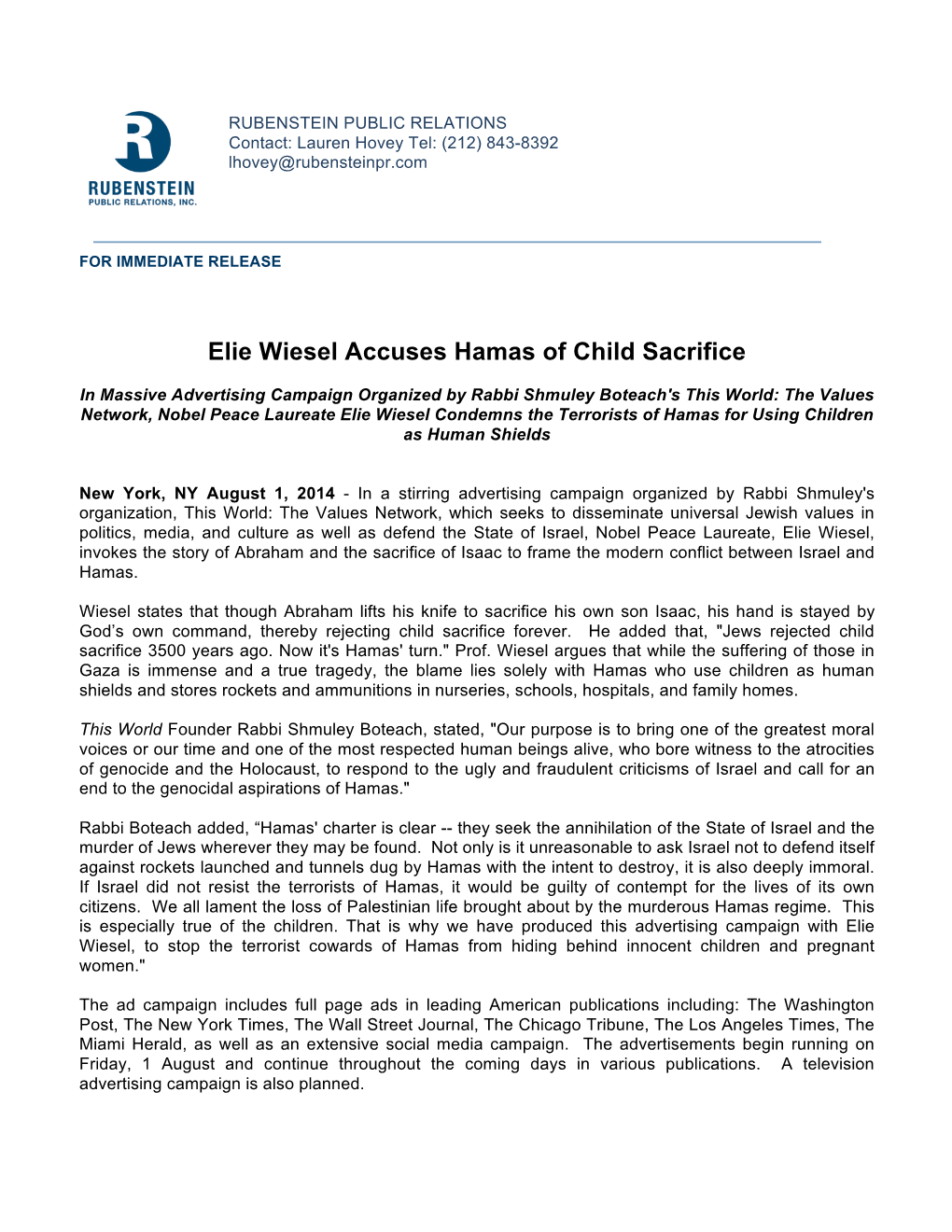 Elie Wiesel, Hamas Child Sacrifice 8.1.14