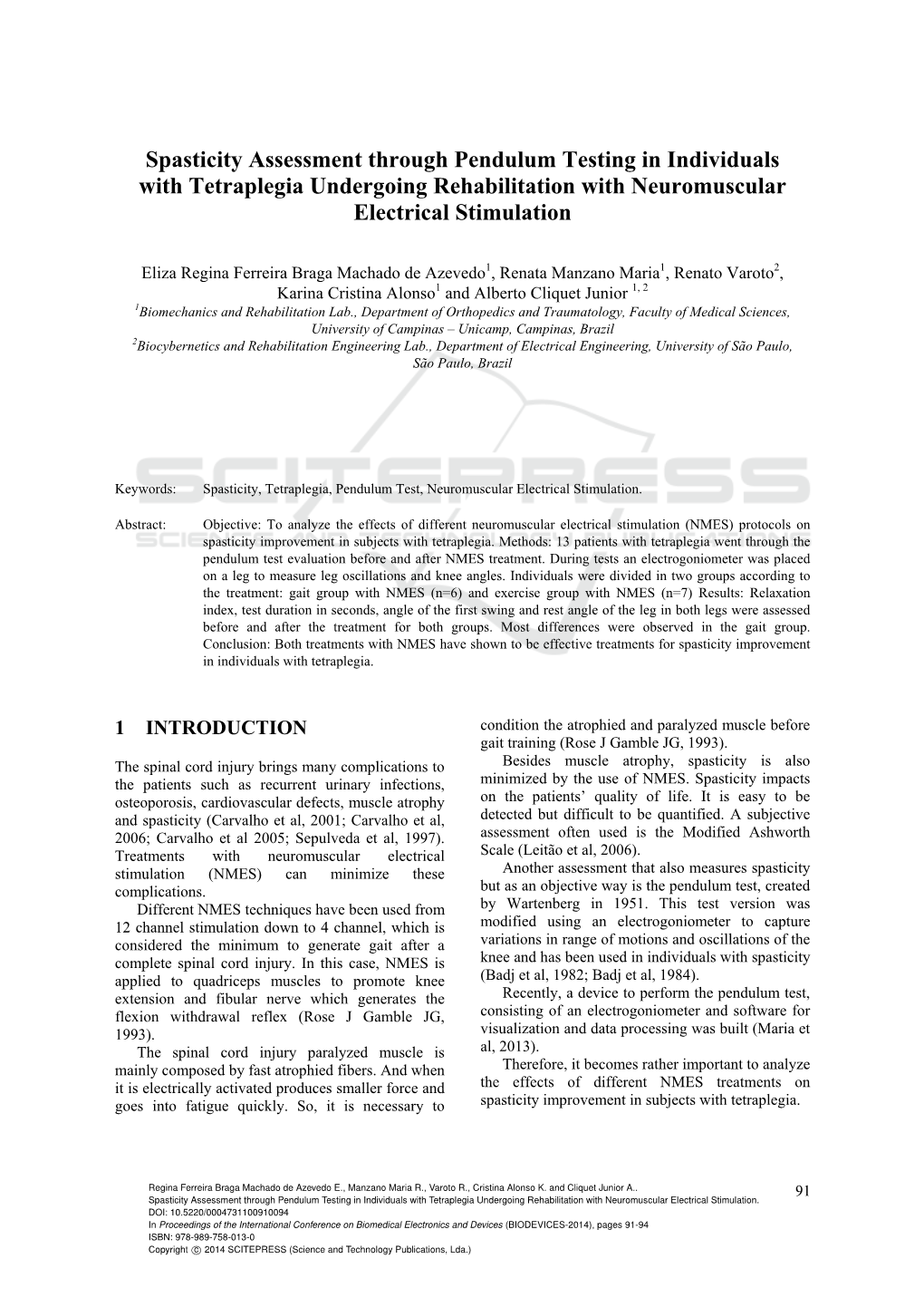 Spasticity Assessment Through Pendulum Testing in Individuals with Tetraplegia Undergoing Rehabilitation with Neuromuscular Electrical Stimulation