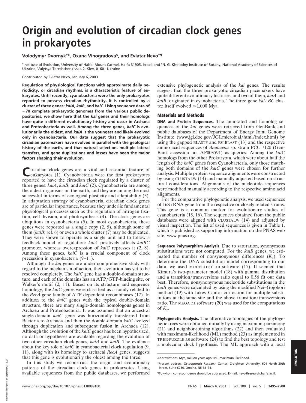 Origin and Evolution of Circadian Clock Genes in Prokaryotes