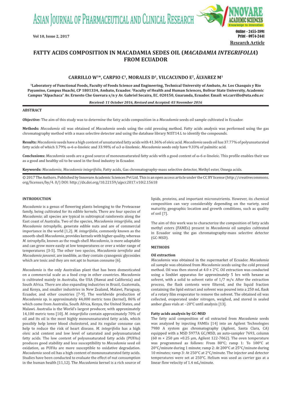 Fatty Acids Composition in Macadamia Sedes Oil (Macadamia Integrifolia) from Ecuador