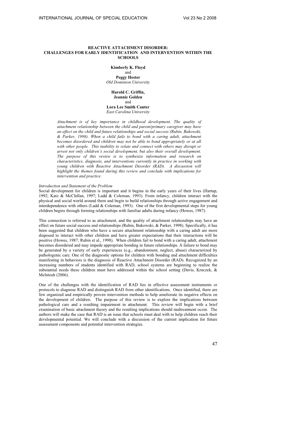 Reactive Attachment Disorder: Challenges for Early Identification and Intervention Within the Schools