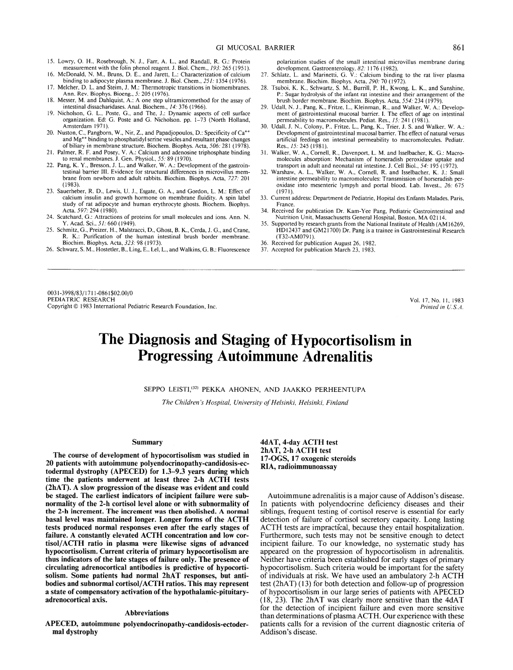 The Diagnosis and Staging of Hypocortisolism in Progressing Autoimmune Adrenalitis