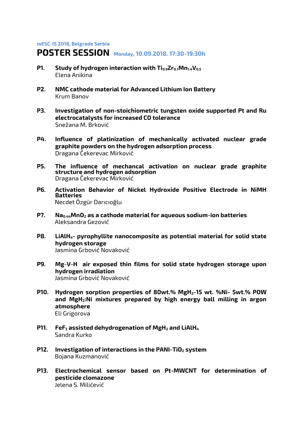 POSTER SESSION Monday, 10.09.2018. 17:30-19:30H P1