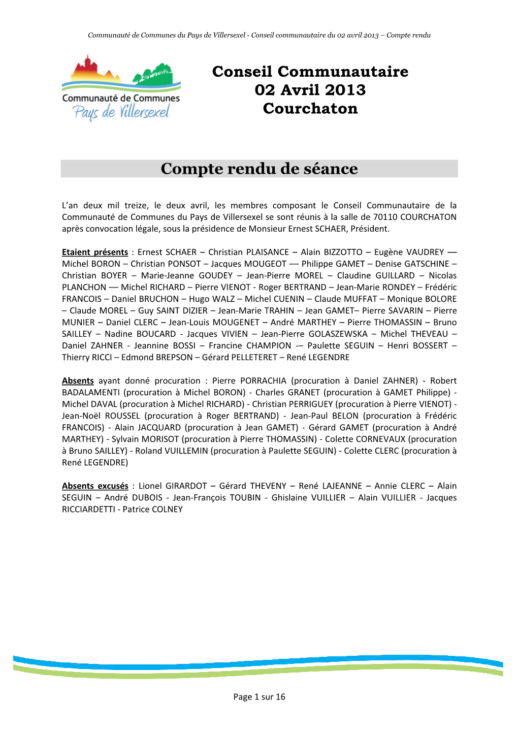 Conseil Communautaire 02 Avril 2013 Courchaton Compte Rendu De Séance