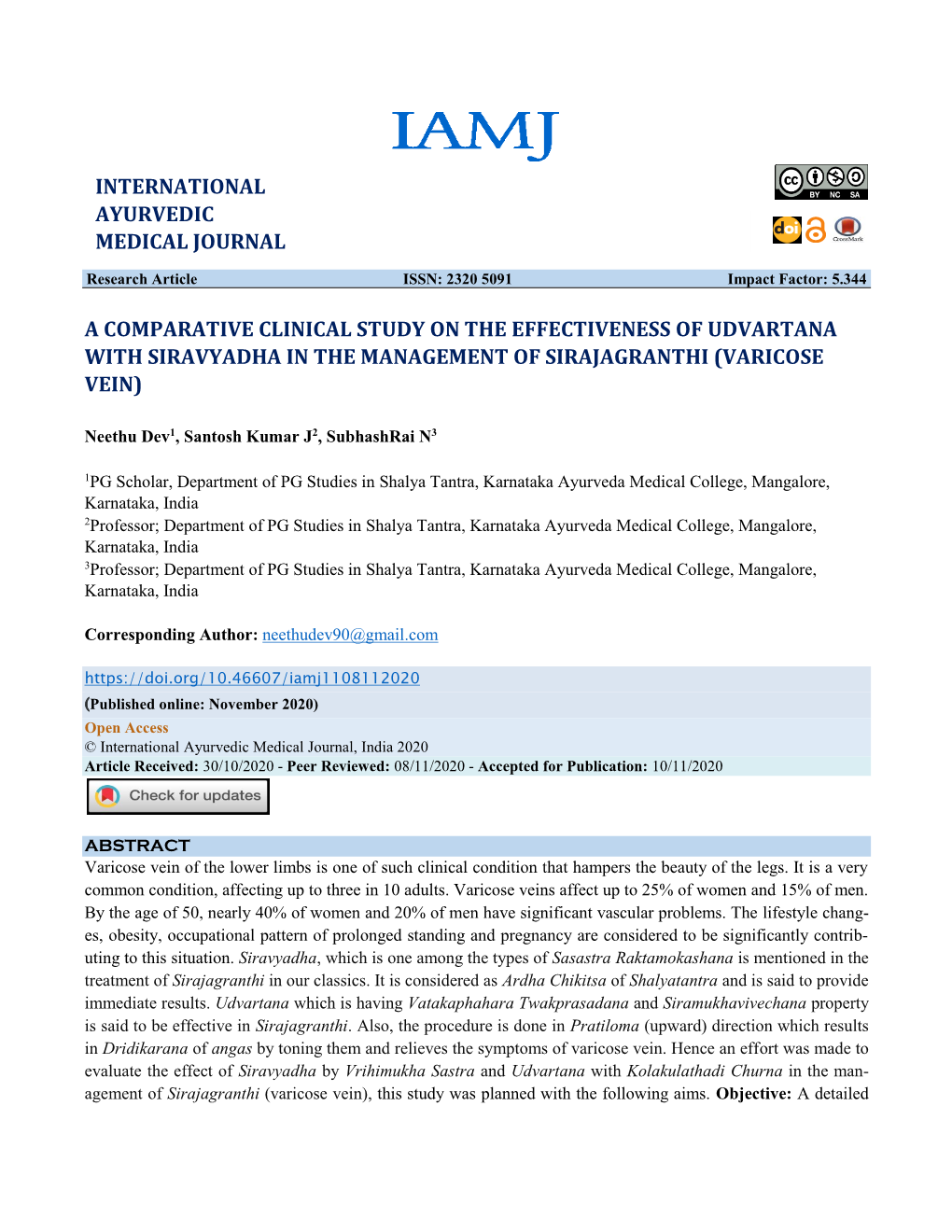 A Comparative Clinical Study on the Effectiveness of Udvartana with Siravyadha in the Management of Sirajagranthi (Varicose Vein)