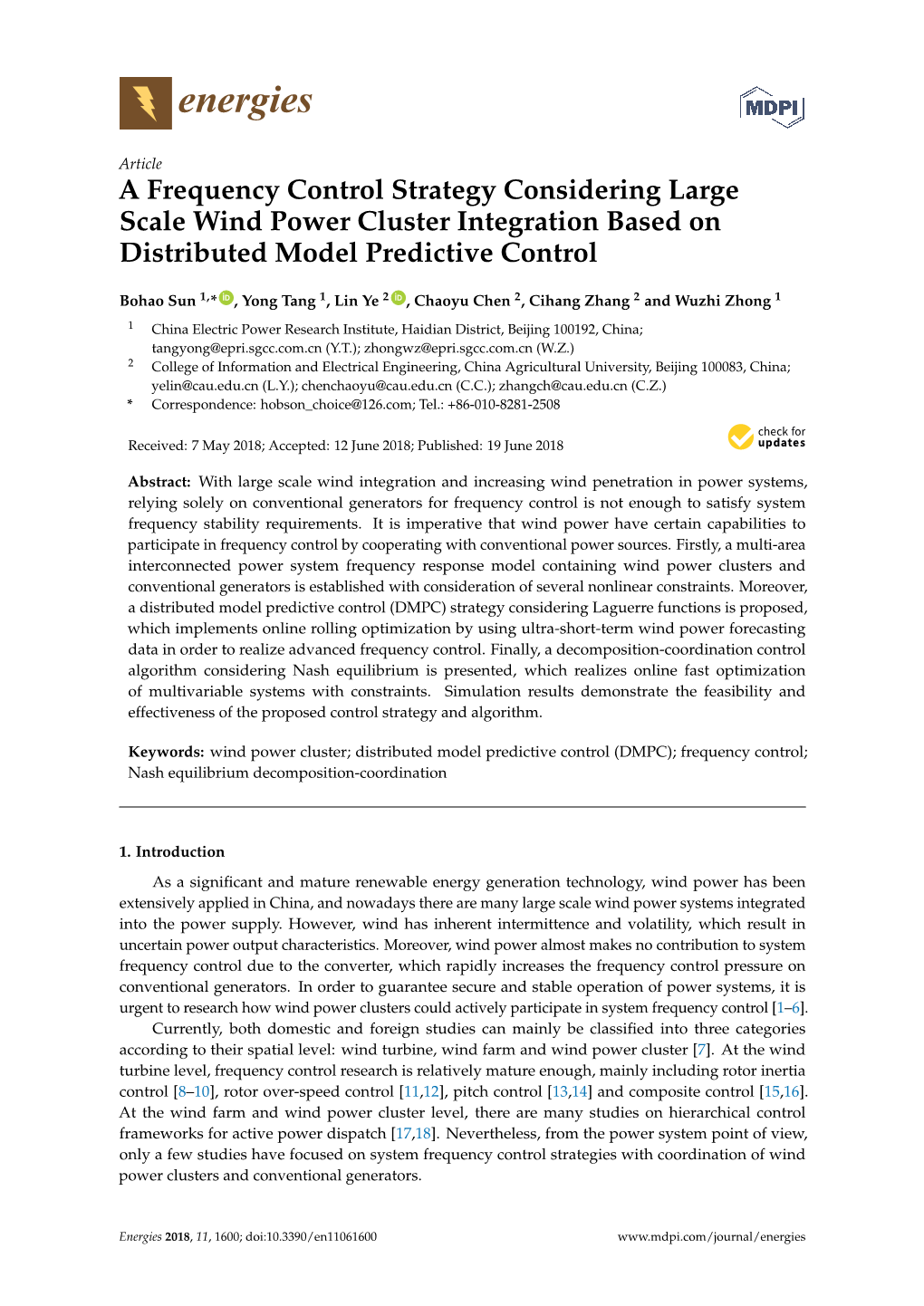 A Frequency Control Strategy Considering Large Scale Wind Power Cluster Integration Based on Distributed Model Predictive Control