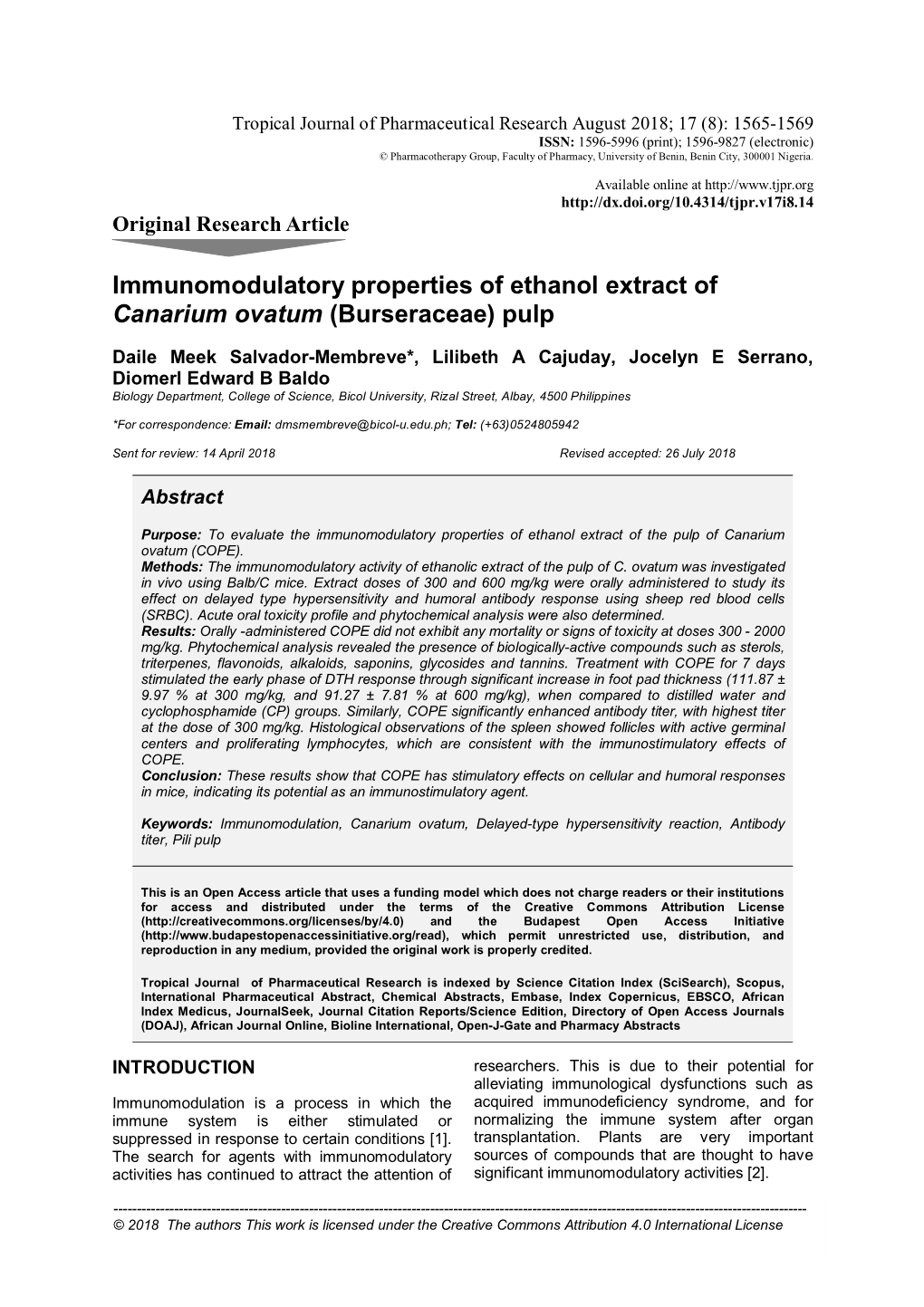 Immunomodulatory Properties of Ethanol Extract of Canarium Ovatum (Burseraceae) Pulp