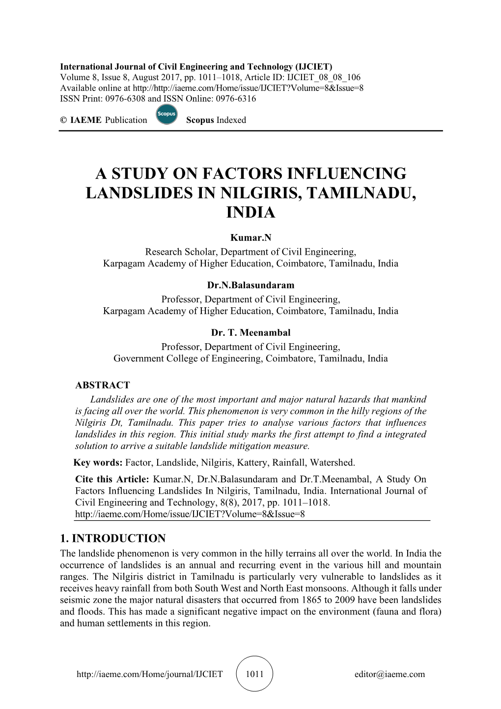 A Study on Factors Influencing Landslides in Nilgiris, Tamilnadu, India