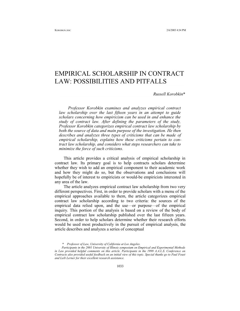 Empirical Scholarship in Contract Law: Possibilities and Pitfalls