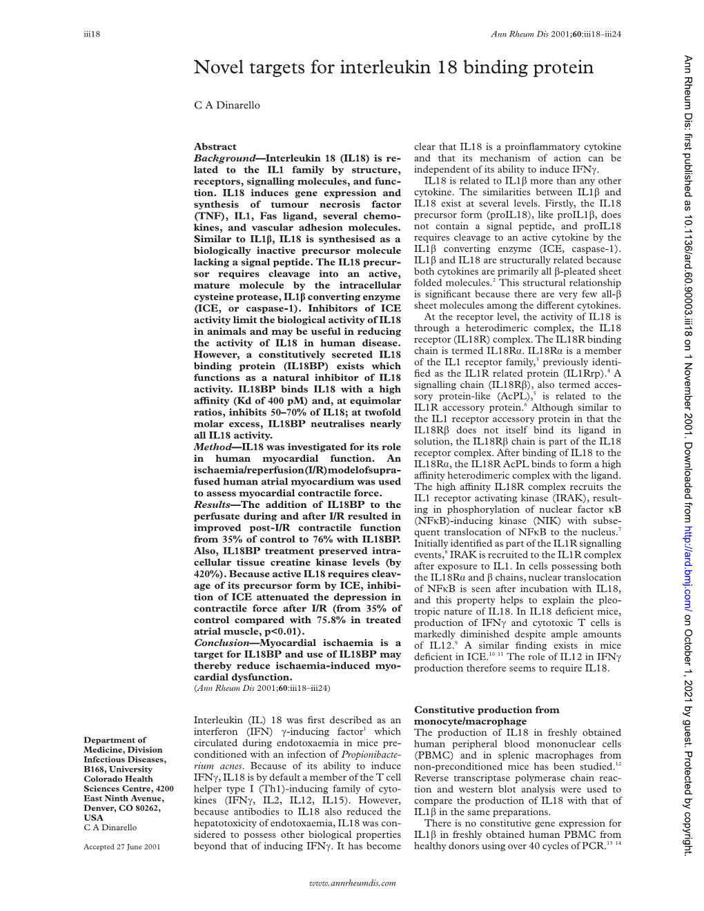 Novel Targets for Interleukin 18 Binding Protein