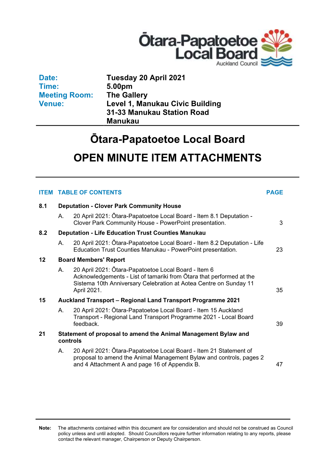 Minute Item Attachments of Ōtara-Papatoetoe Local Board