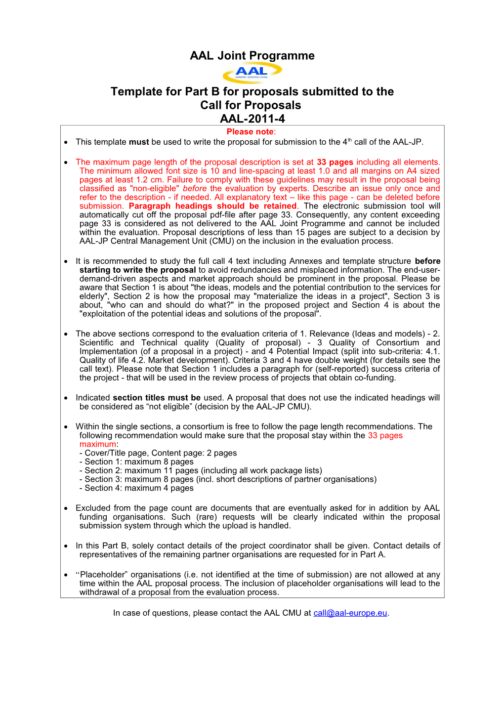 AAL Joint Programme - Template for Part B