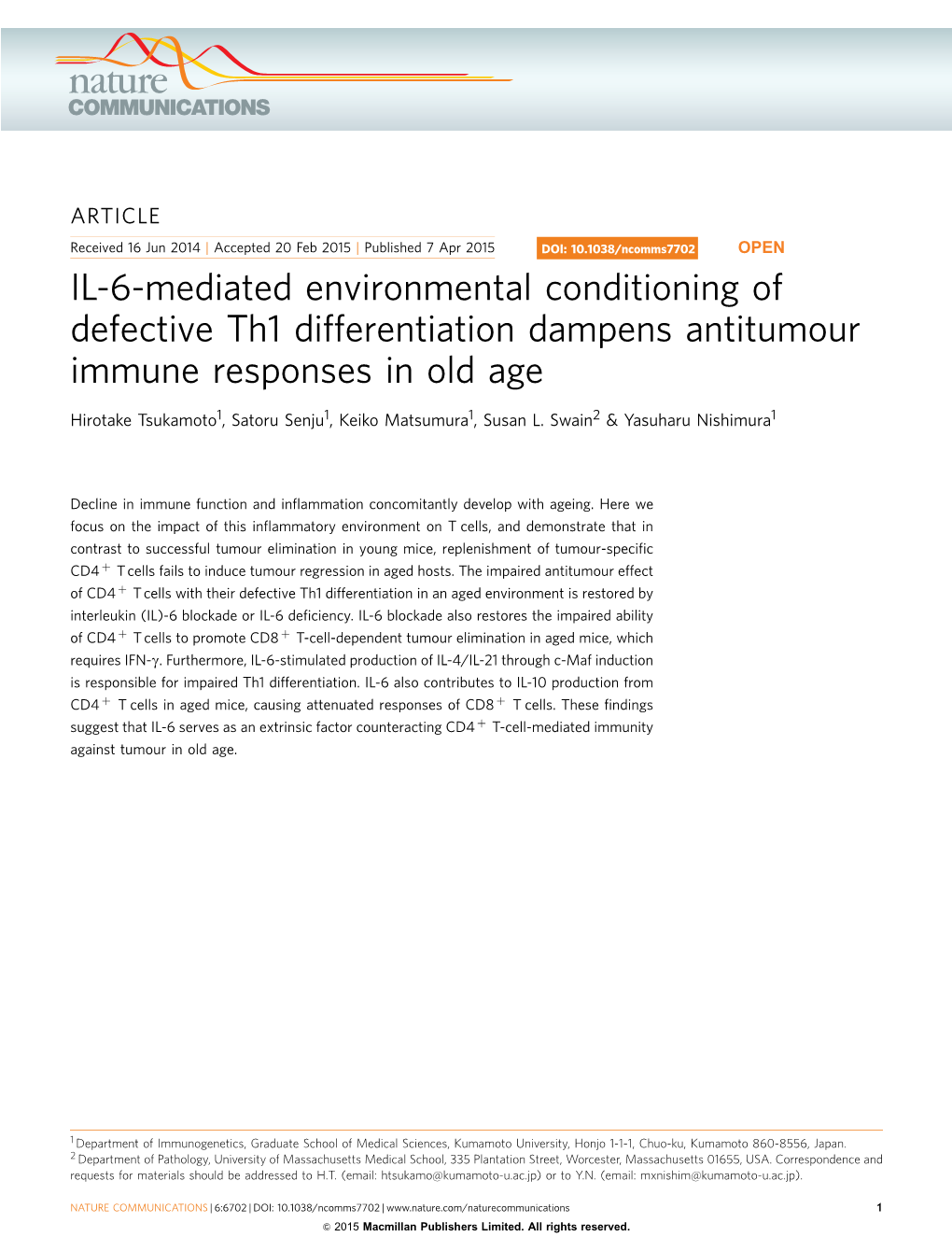 IL-6-Mediated Environmental Conditioning of Defective Th1 Differentiation Dampens Antitumour Immune Responses in Old Age