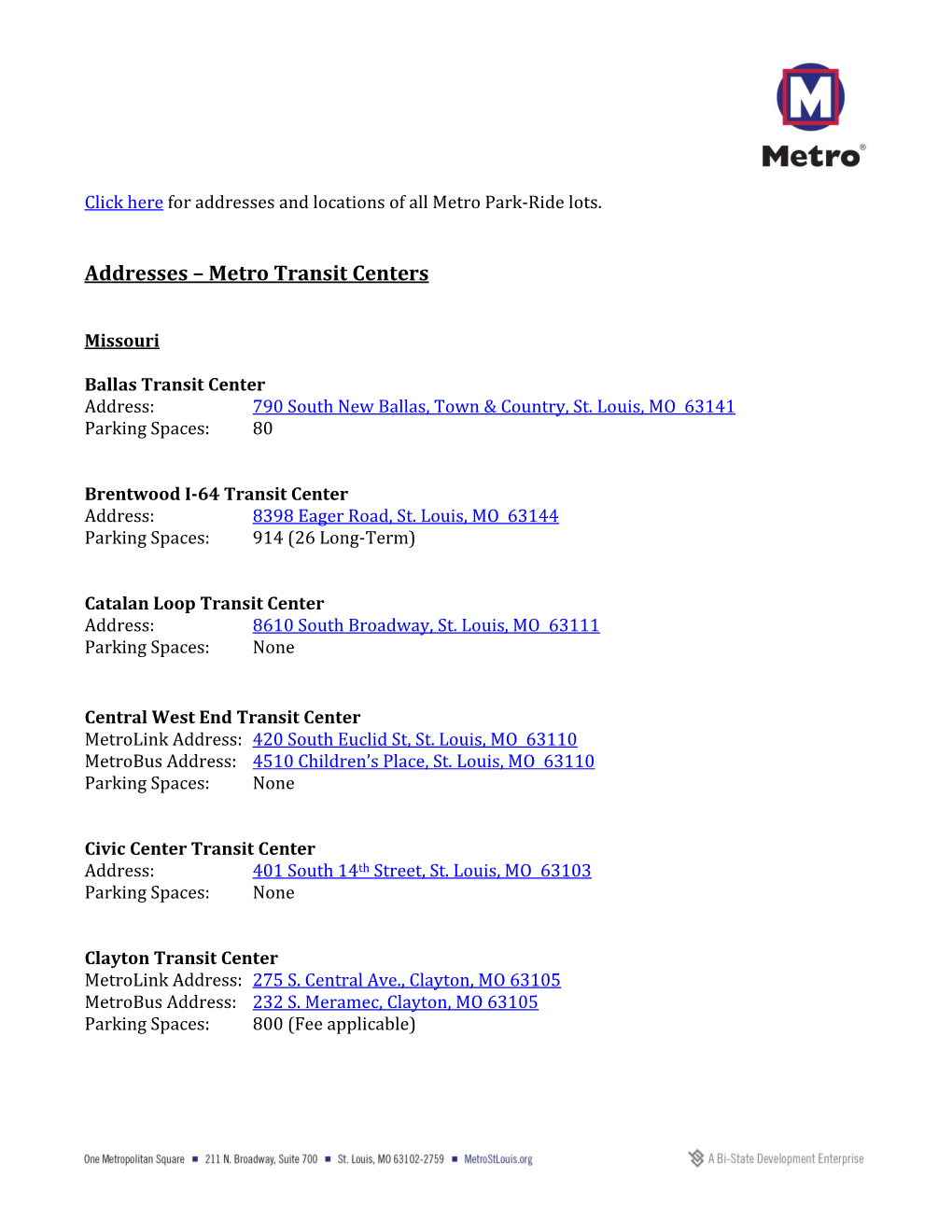 Addresses – Metro Transit Centers