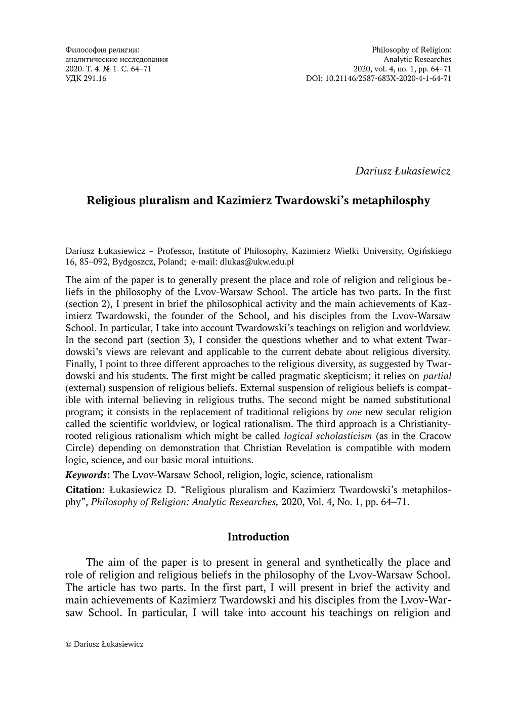 Religious Pluralism and Kazimierz Twardowski's Metaphilosphy