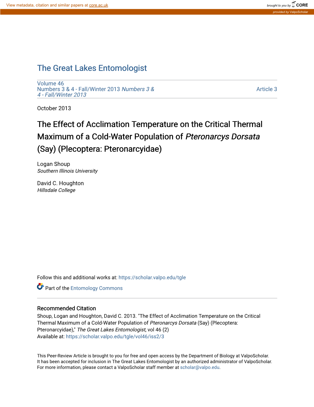 The Effect of Acclimation Temperature on the Critical Thermal Maximum of a Cold-Water Population of Pteronarcys Dorsata (Say) (Plecoptera: Pteronarcyidae)