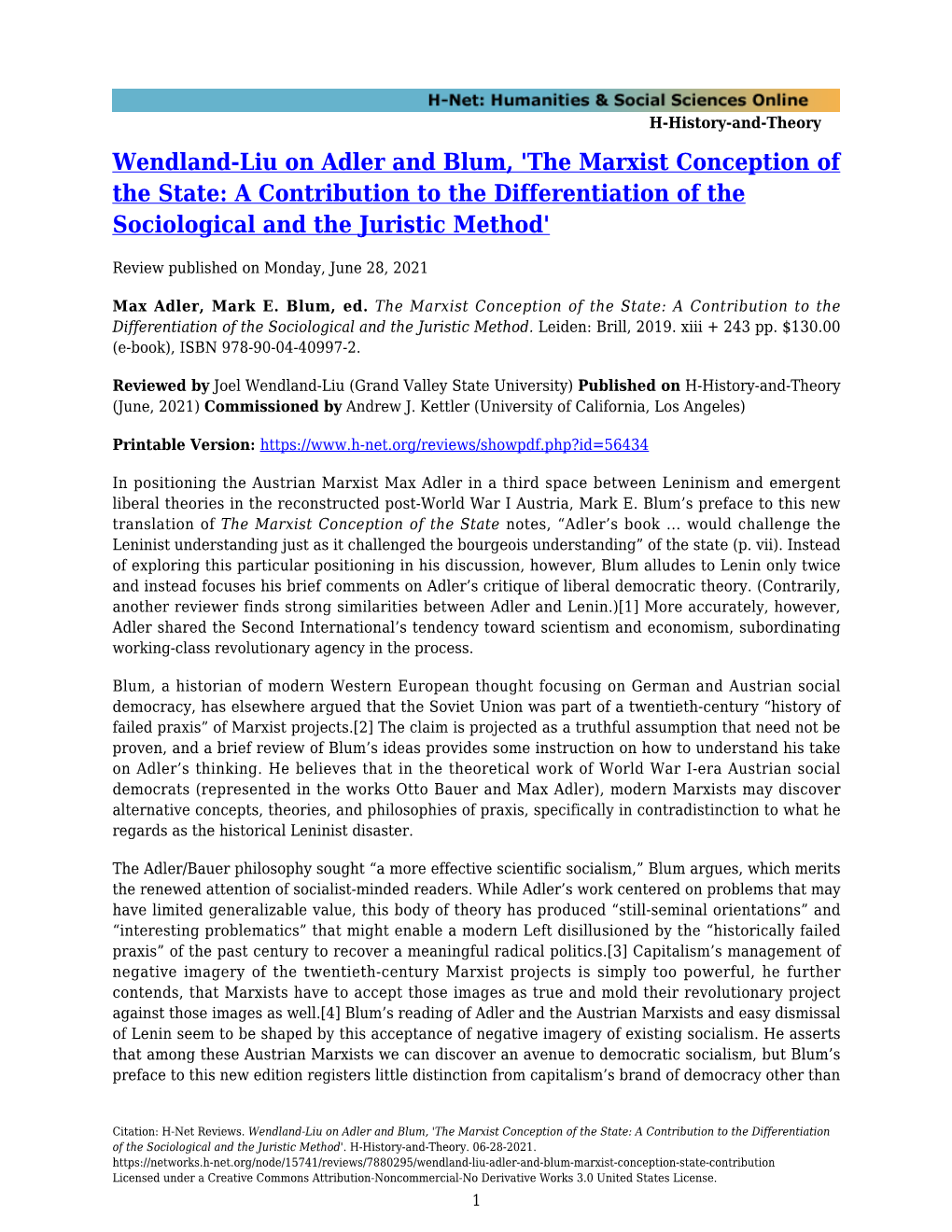 Wendland-Liu on Adler and Blum, 'The Marxist Conception of the State: a Contribution to the Differentiation of the Sociological and the Juristic Method'