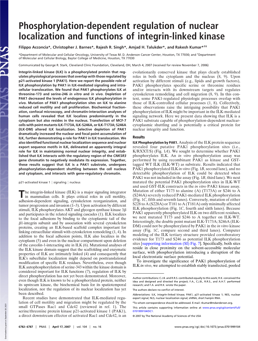 Phosphorylation-Dependent Regulation of Nuclear Localization and Functions of Integrin-Linked Kinase