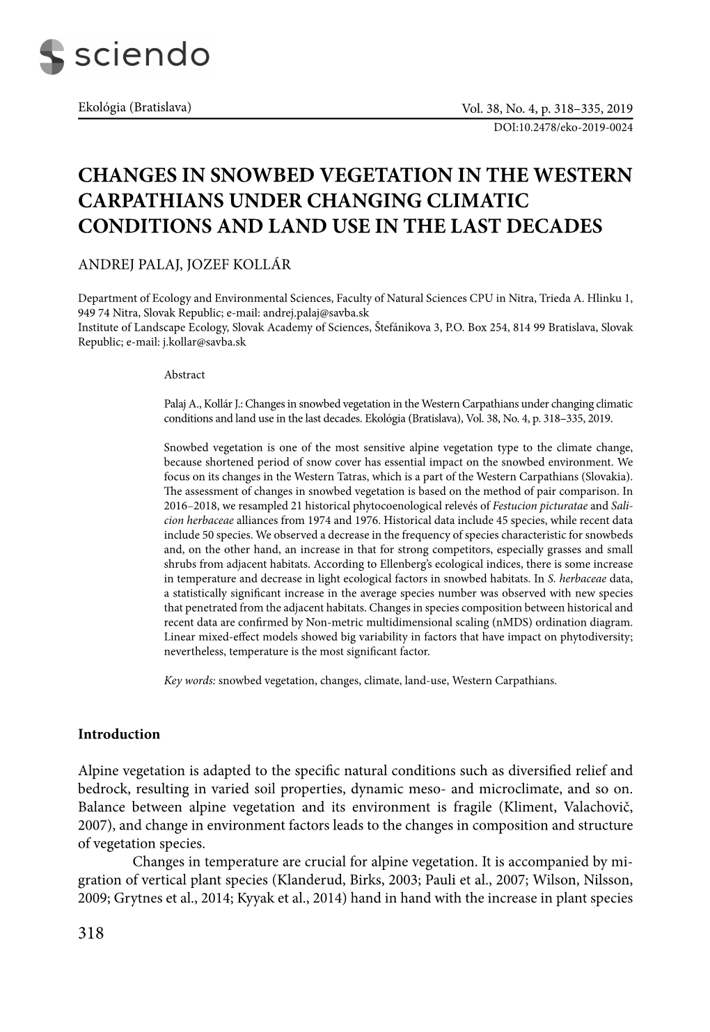 Changes in Snowbed Vegetation in the Western Carpathians Under Changing Climatic Conditions and Land Use in the Last Decades