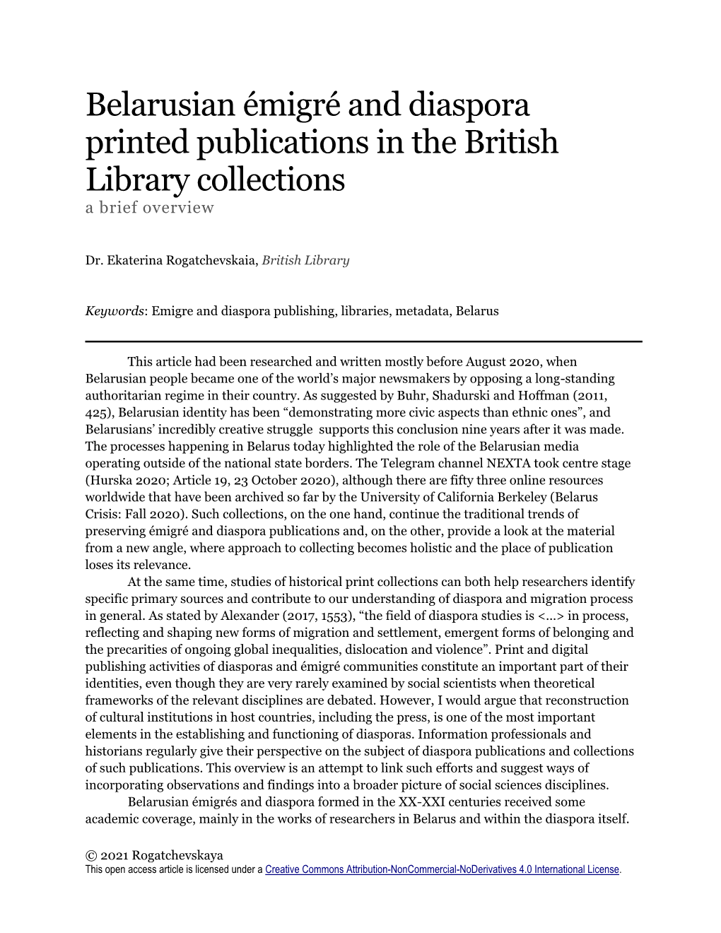 Belarusian Émigré and Diaspora Printed Publications in the British Library Collections a Brief Overview