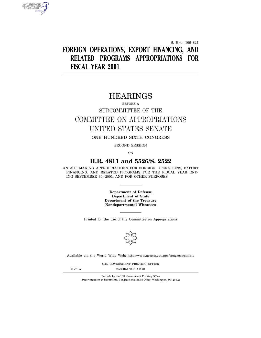 106–821 Foreign Operations, Export Financing, and Related Programs Appropriations for Fiscal Year 2001