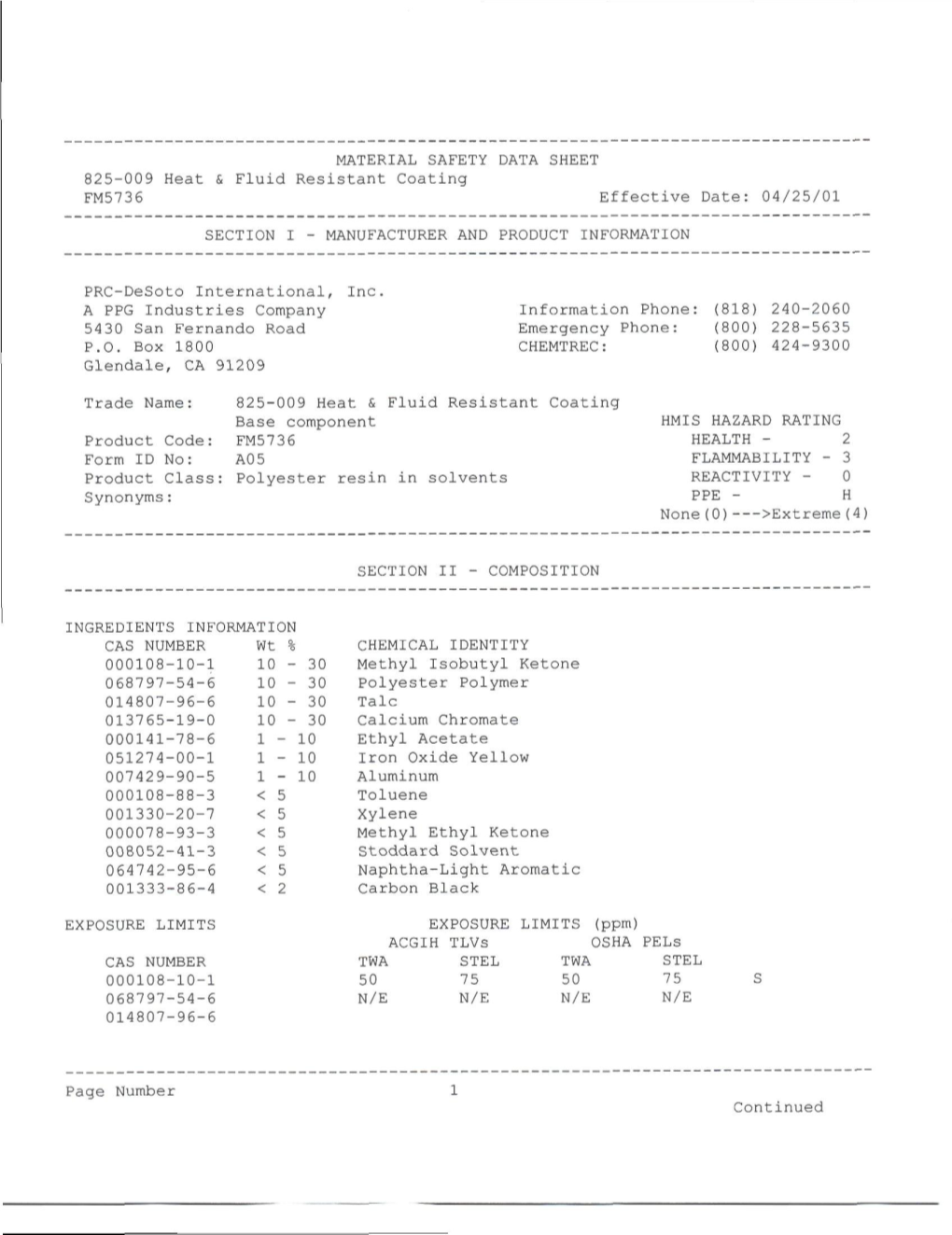 MATERIAL SAFETY DATA SHEET 825-009 Heat & Fluid Resistant