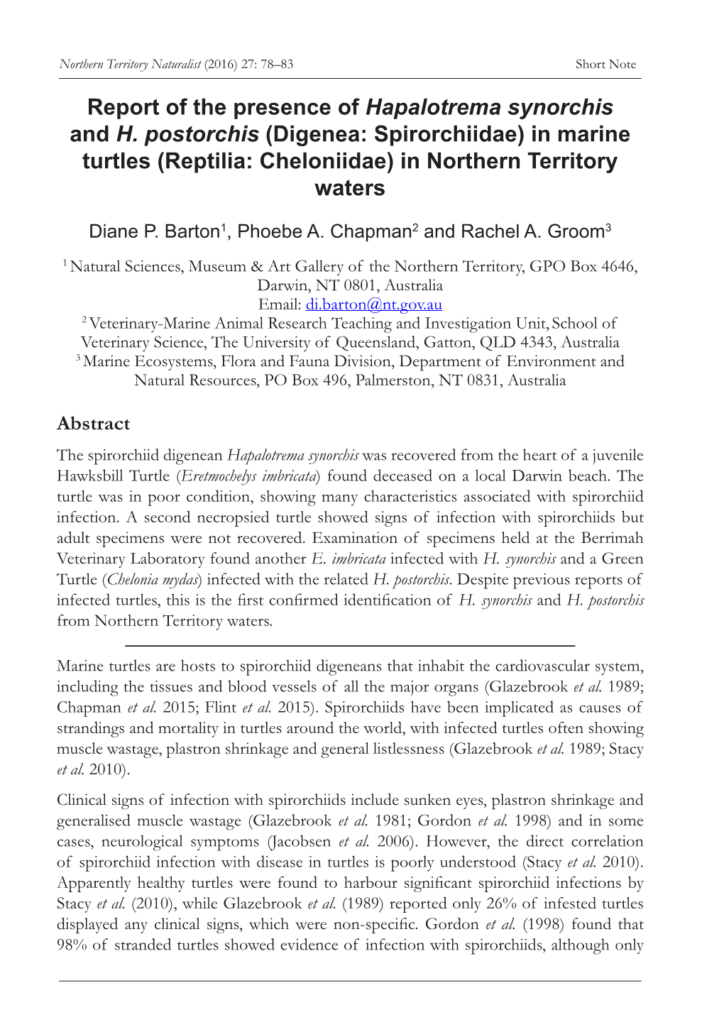 Report of the Presence of Hapalotrema Synorchis and H