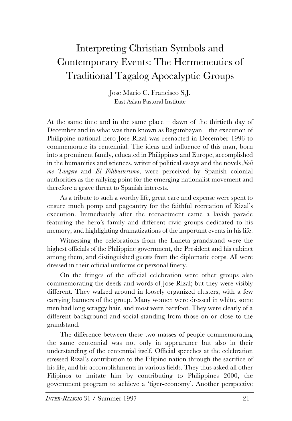 The Hermeneutics of Traditional Tagalog Apocalyptic Groups