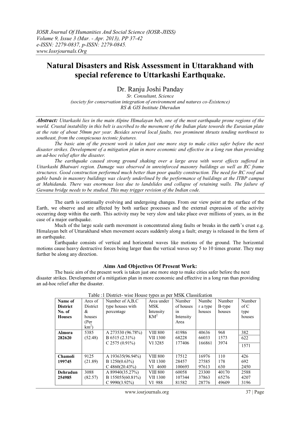 Natural Disasters and Risk Assessment in Uttarakhand with Special Reference to Uttarkashi Earthquake