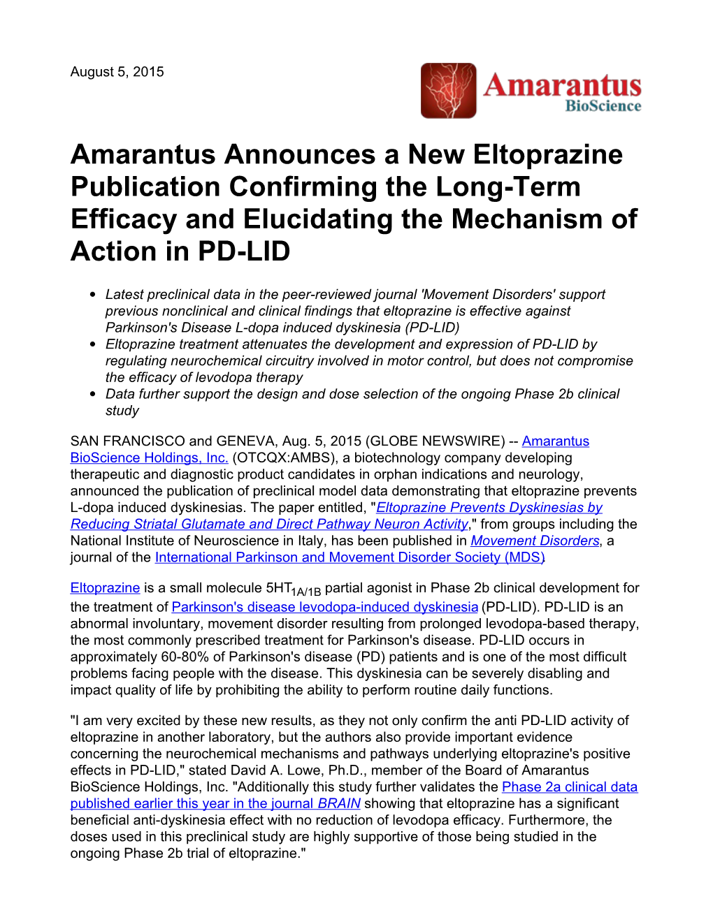 Amarantus Announces a New Eltoprazine Publication Confirming the Long-Term Efficacy and Elucidating the Mechanism of Action in PD-LID