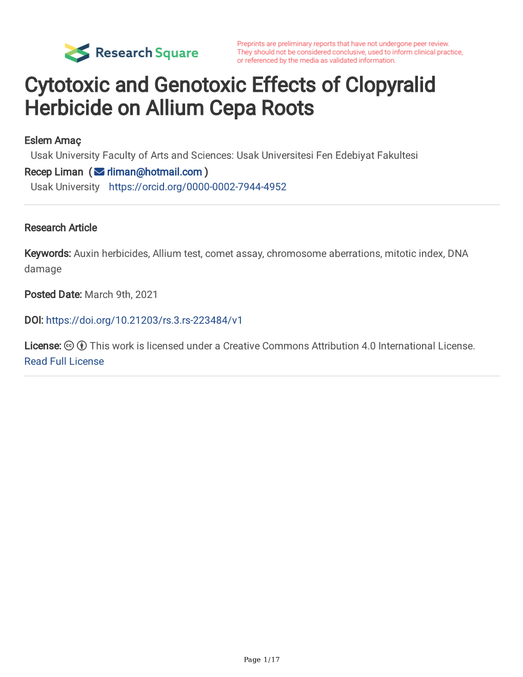 Cytotoxic and Genotoxic Effects of Clopyralid Herbicide on Allium Cepa Roots