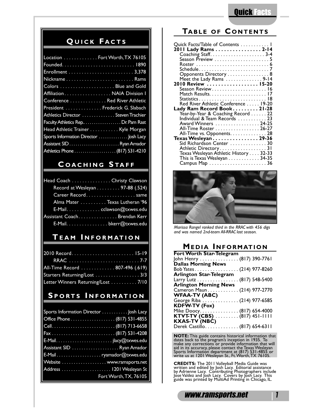 2011 TWU VB Media Guide.Qxp