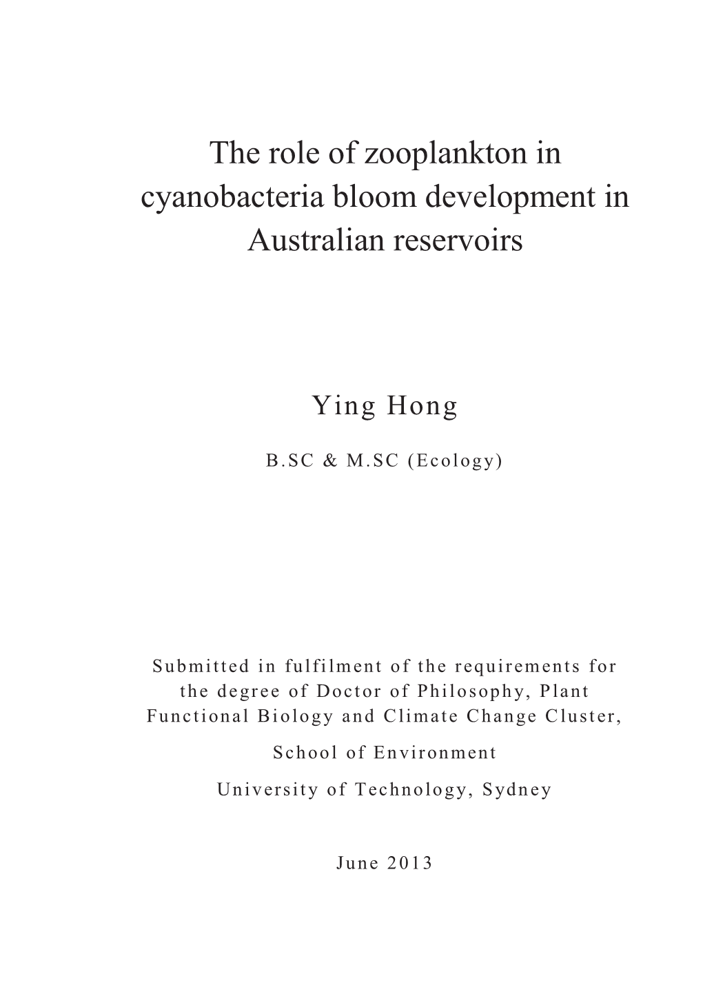 The Role of Zooplankton in Cyanobacteria Bloom Development in Australian Reservoirs