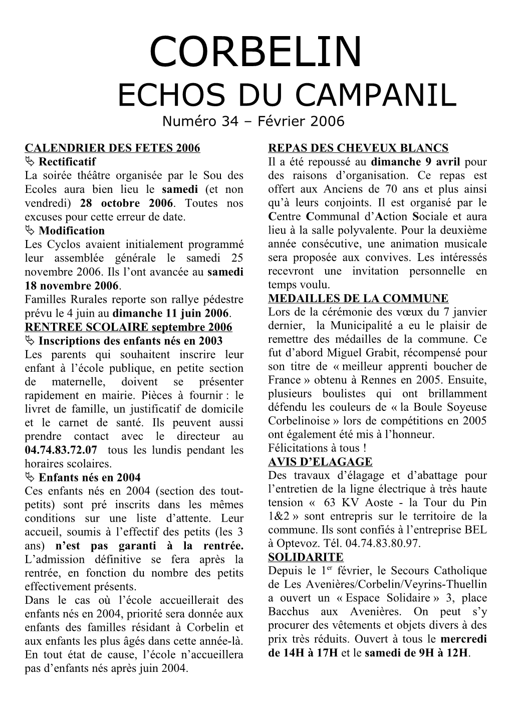 CORBELIN ECHOS DU CAMPANIL Numéro 34 – Février 2006